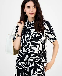 I.n.c. International Concepts Petite Printed Linen-Blend Twist-Front Top, Exclusively at Macy's