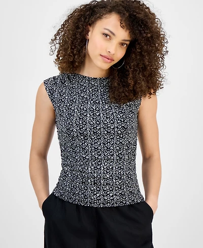 I.n.c. International Concepts Petite Printed Side-Ruched Mesh Tank Top, Exclusively at Macy's