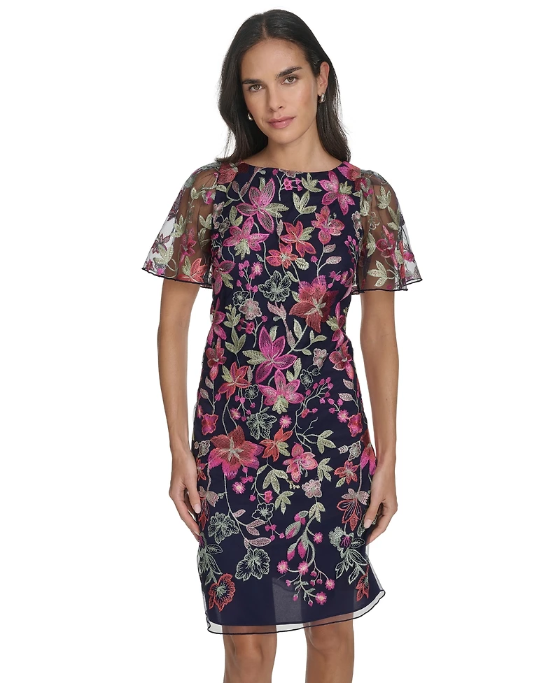 Jessica Howard Women's Short-Flared-Sleeve Sheer-Detail Sheath Dress