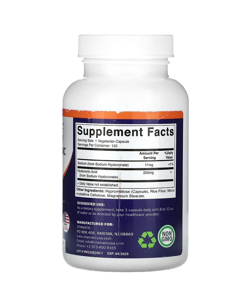 Vitamatic Hyaluronic Acid Supplements 200mg - Supports Healthy Connective Tissue and Joints