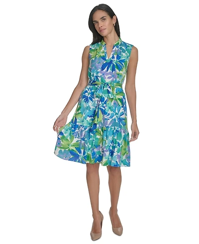 Jessica Howard Petite Printed Tie-Waist Tiered Dress