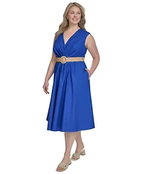 Jessica Howard Plus Belted Sleeveless V-Neck Midi Dress