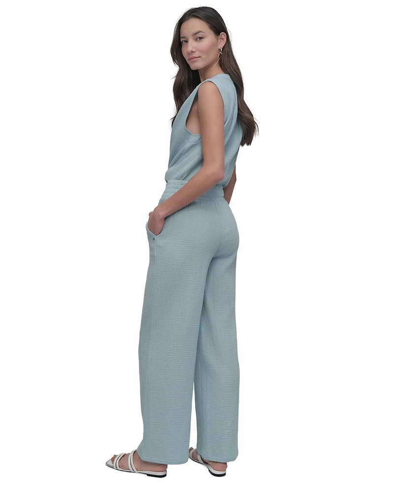 Dkny Jeans Petite Cotton High-Rise Smocked-Waist Pants