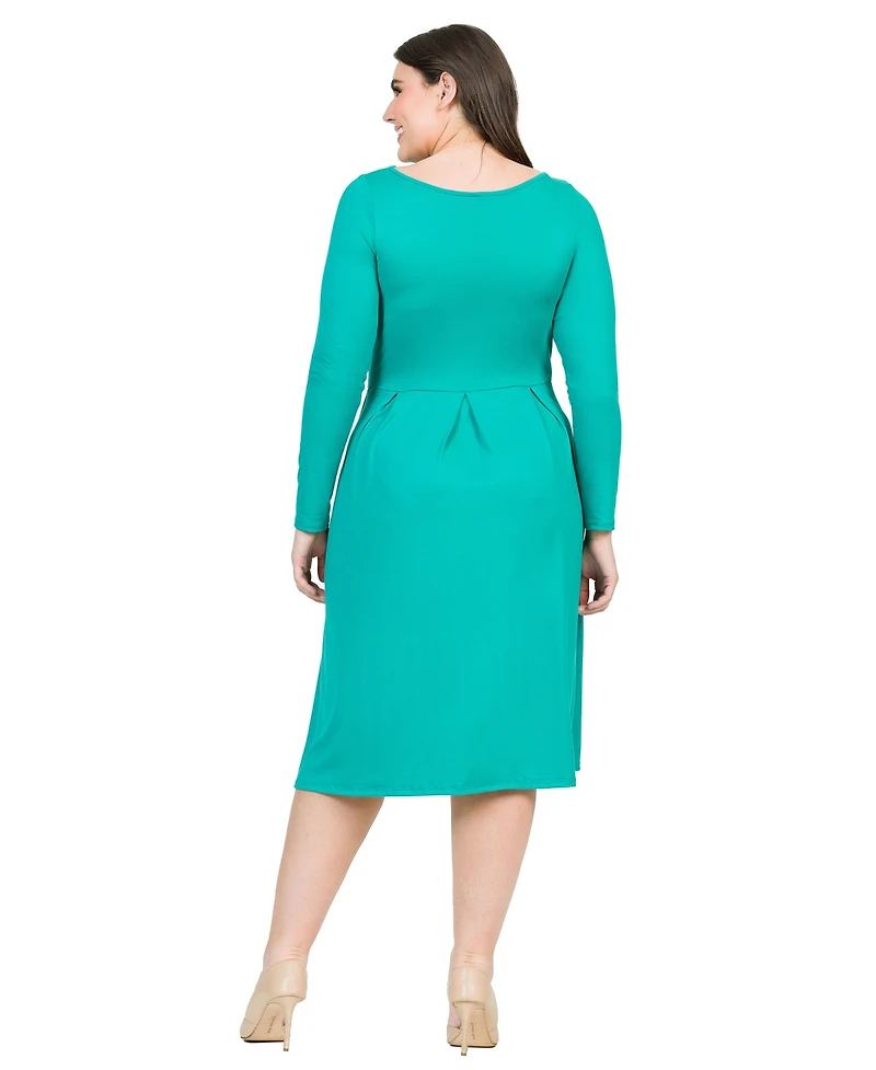 24seven Comfort Apparel Plus Long Sleeve Fit and Flare Midi Dress