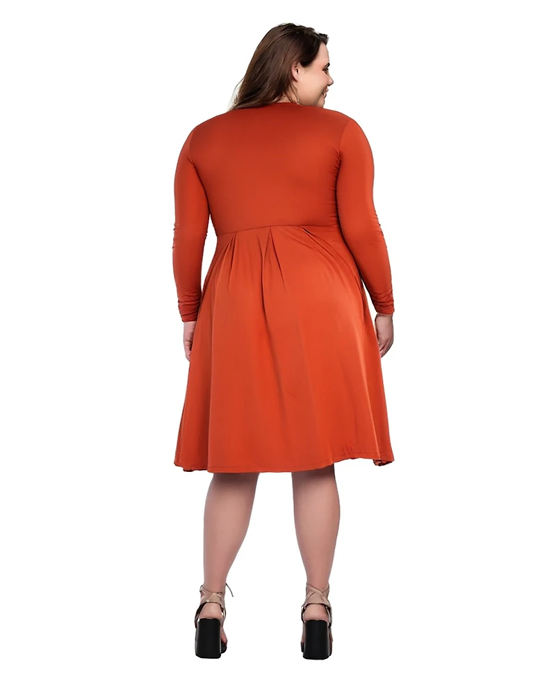 24seven Comfort Apparel Plus Long Sleeve Fit and Flare Midi Dress