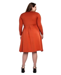 24seven Comfort Apparel Plus Long Sleeve Fit and Flare Midi Dress