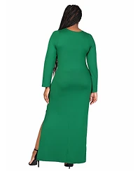 24seven Comfort Apparel Plus Long Sleeve Side Slit Fitted Maxi Dress