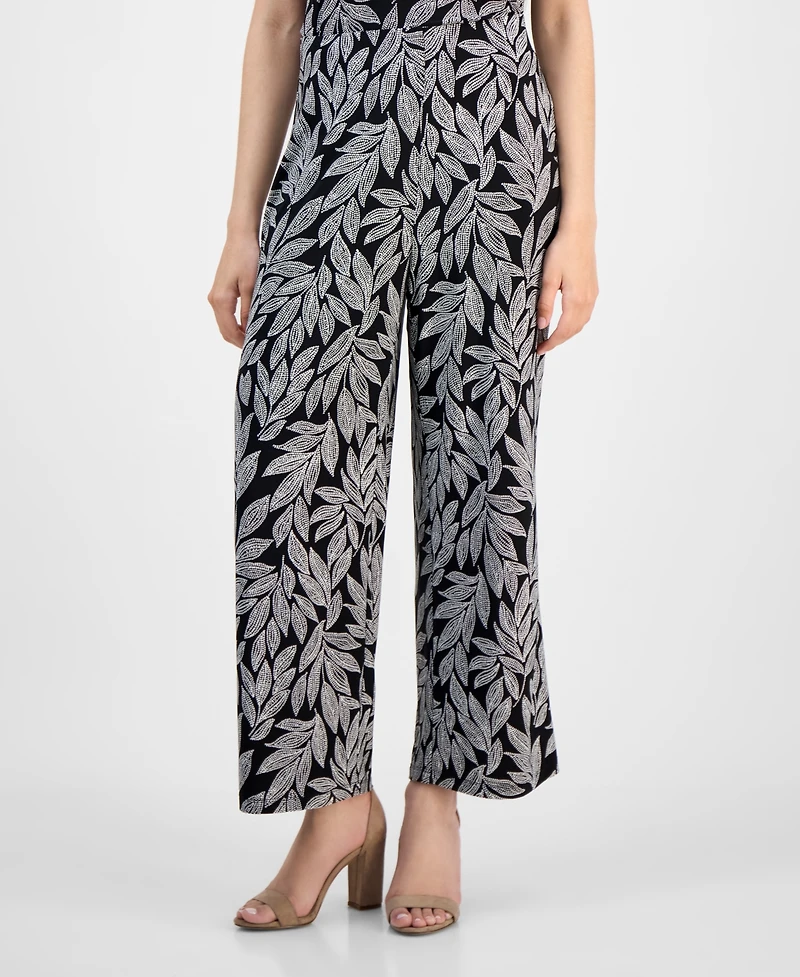 Ak Anne Klein Petite Leaf-Print Cropped Wide-Leg Pull-On Pants