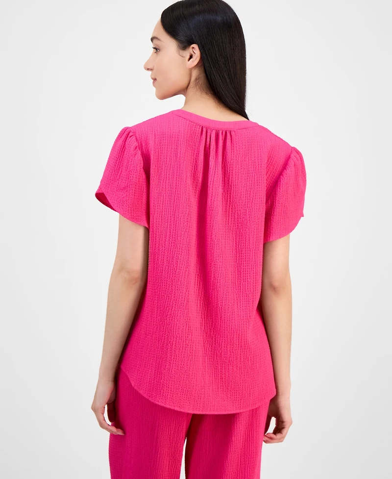 Ak Anne Klein Petite Textured V-Neck Tulip Sleeve Top