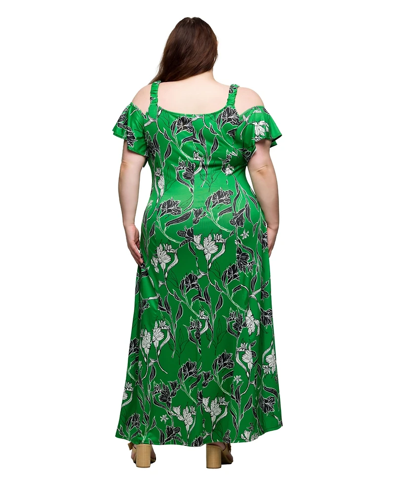 24seven Comfort Apparel Plus Cold Shoulder Ruffle Sleeve A-Line Maxi Dress