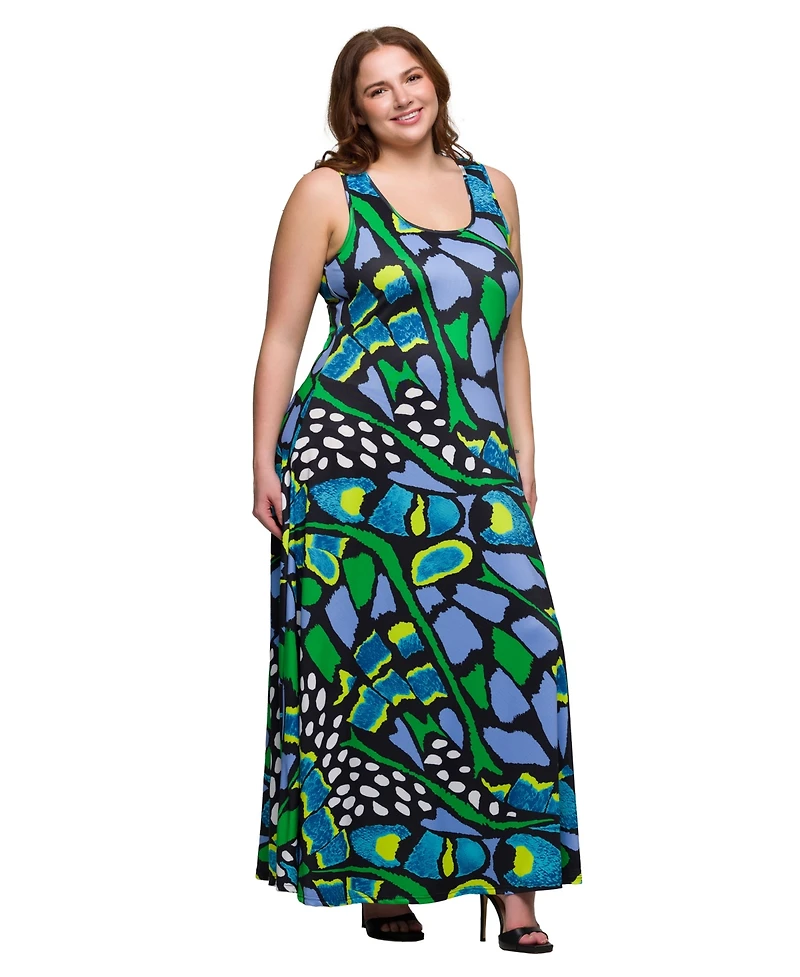 24seven Comfort Apparel Plus Print Scoop Neck A-Line Sleeveless Maxi Dress