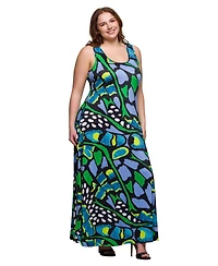 24seven Comfort Apparel Plus Print Scoop Neck A-Line Sleeveless Maxi Dress