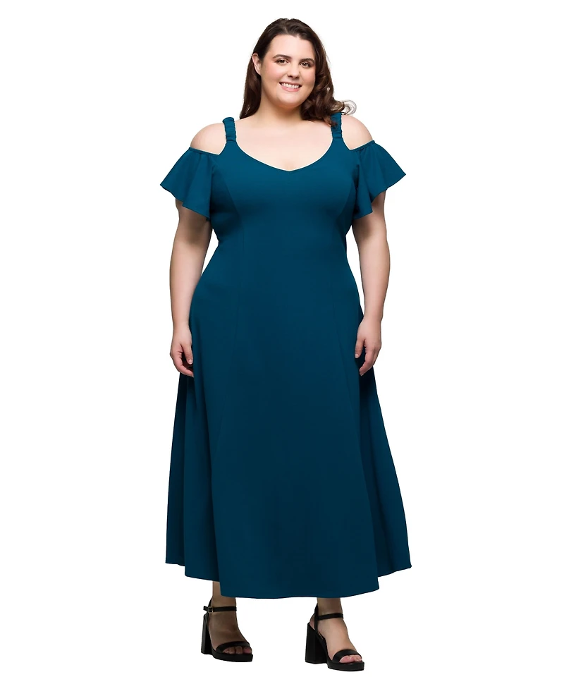 24seven Comfort Apparel Plus Cold Shoulder Ruffle Sleeve A-Line Maxi Dress