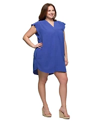 24seven Comfort Apparel Plus V-Neck Cap Sleeve Knee Length Pocket Dress