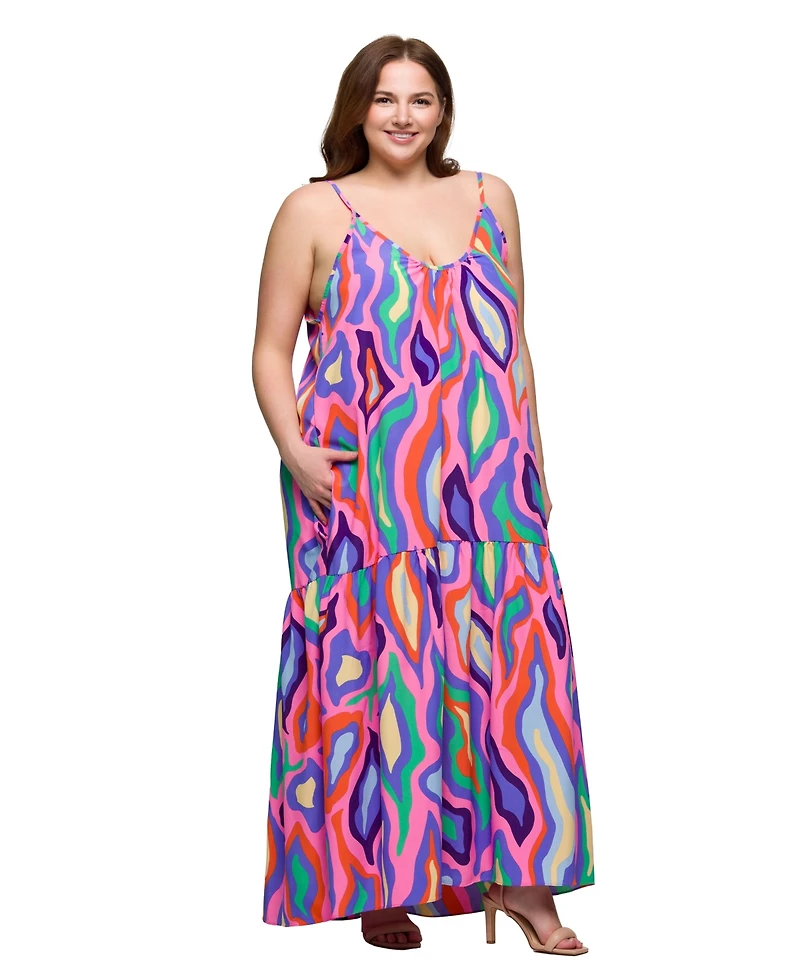 24seven Comfort Apparel Plus Lightweight Spaghetti Strap Pocket Maxi Dress