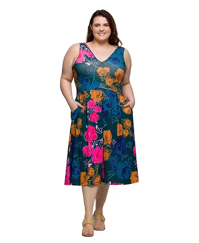 24seven Comfort Apparel Plus Size Midi Length Print Sleeveless Pleated Pocket Dress