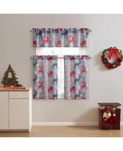Kate Aurora Complete Plaid Christmas Reindeer Snowflakes 3 Pc Kitchen Curtain Tier And Valance Set