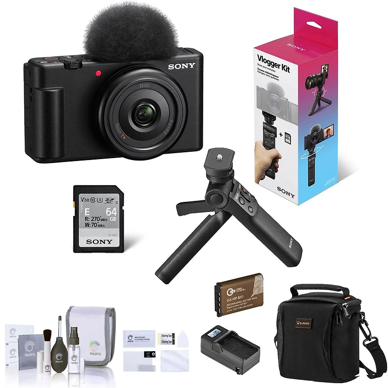 Sony Zv-1F Vlogging Camera, Black Bundle with ACCVC1 Vlogger Accessory Kit, Shoulder Bag, Extra Battery, Charger, Screen Protector, Cleaning Kit