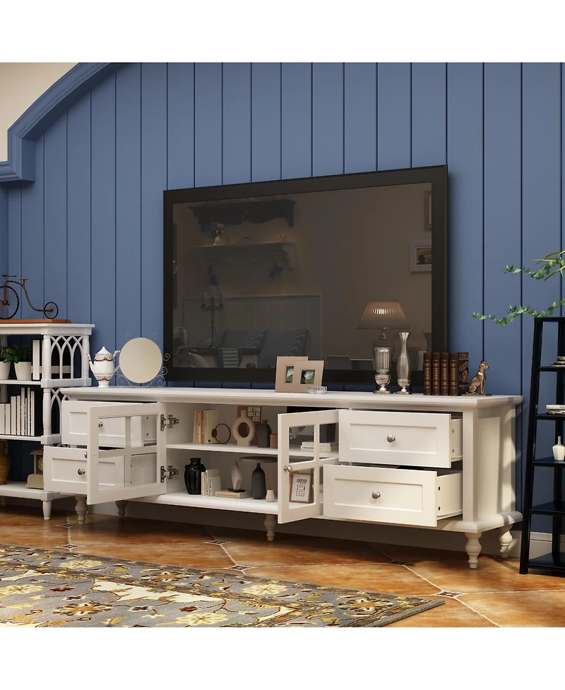 Tv Stand with 2 Glass Doors and 4 Drawers, Media Console , Entertainment Center
