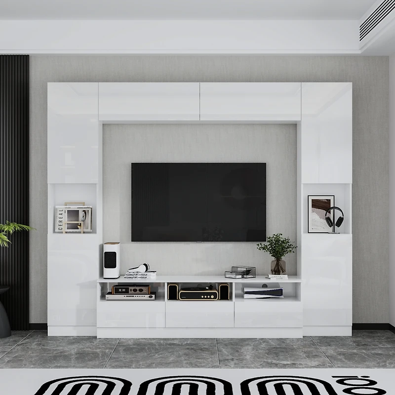 Tv stand with bookshelf and 10 cabinet doors, multi-purpose media console, entertainment center in white wood