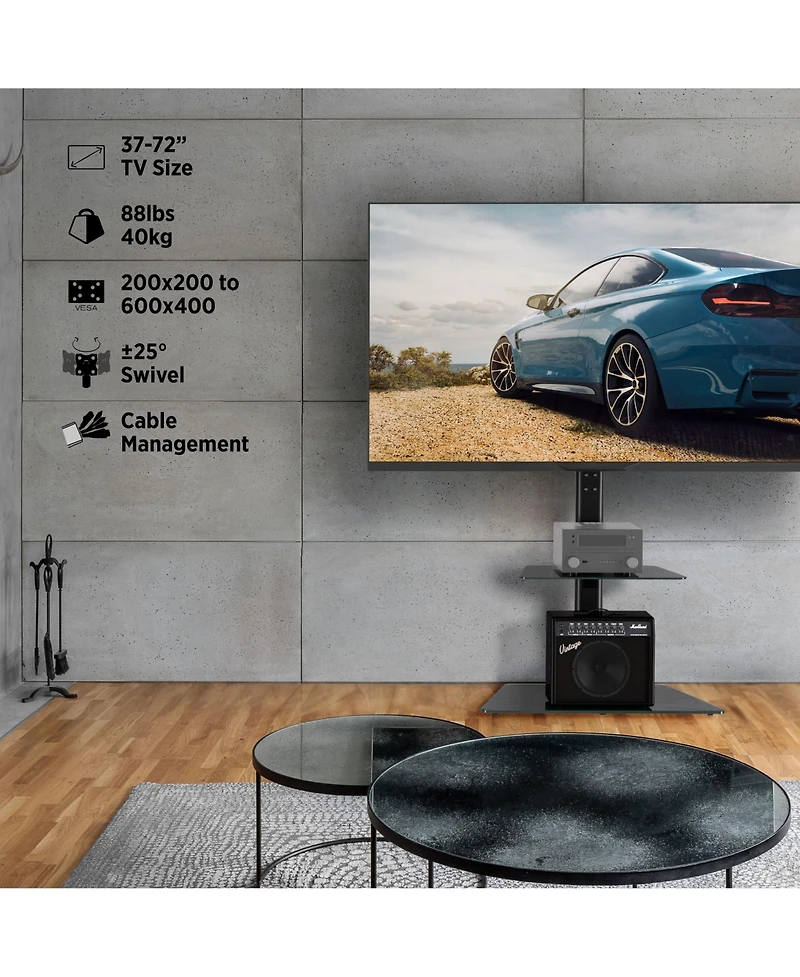 ProMounts Premium Swivel Floor Stand Tv Mount with Shelf for 37 to 72 Inch TVs, Holds up to 88Lbs