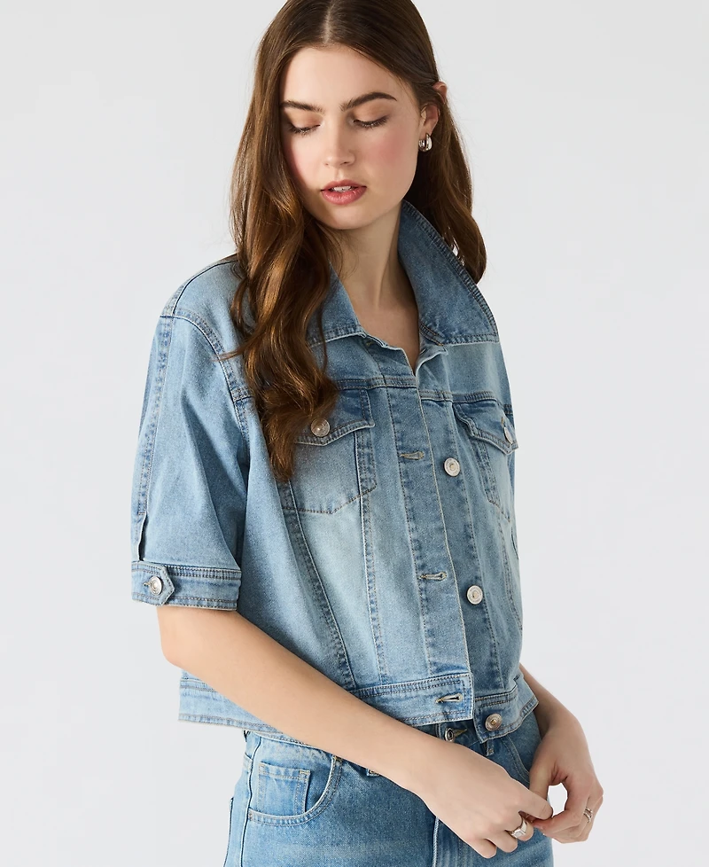 Steve Madden Women's Blu Elbow-Sleeve Denim Trucker Jacket