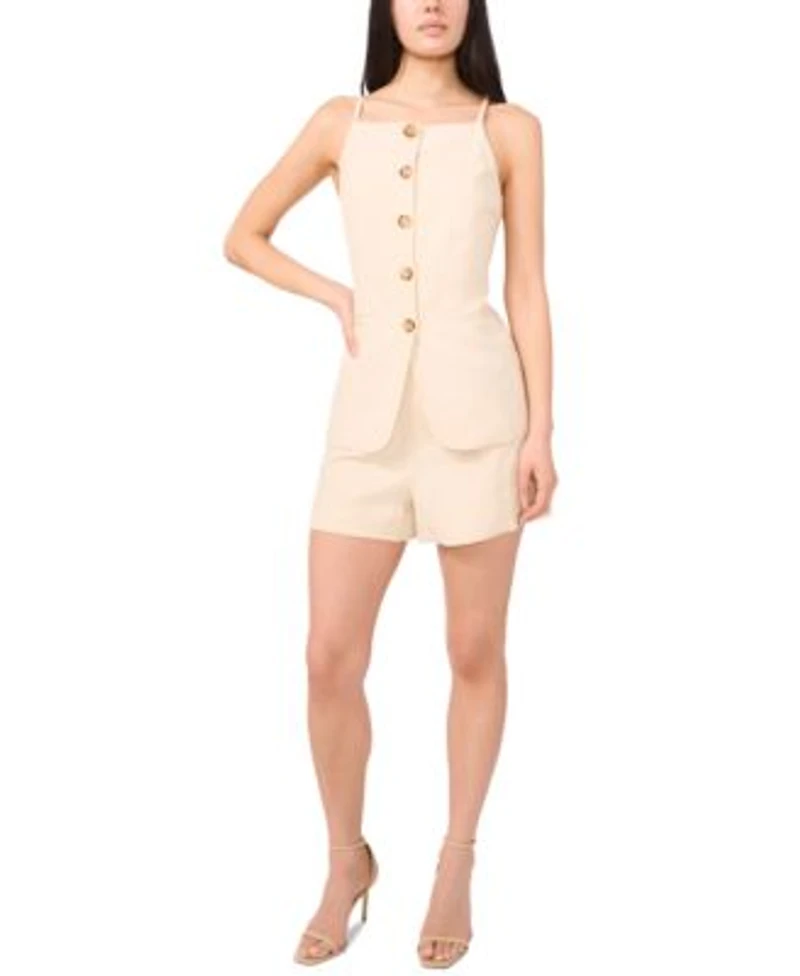 1.State Womens Square Neck Button Front Long Vest Pleated Shorts