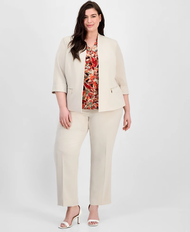 Kasper Plus Zip-Pocket Cuffed 3/4-Sleeve Blazer