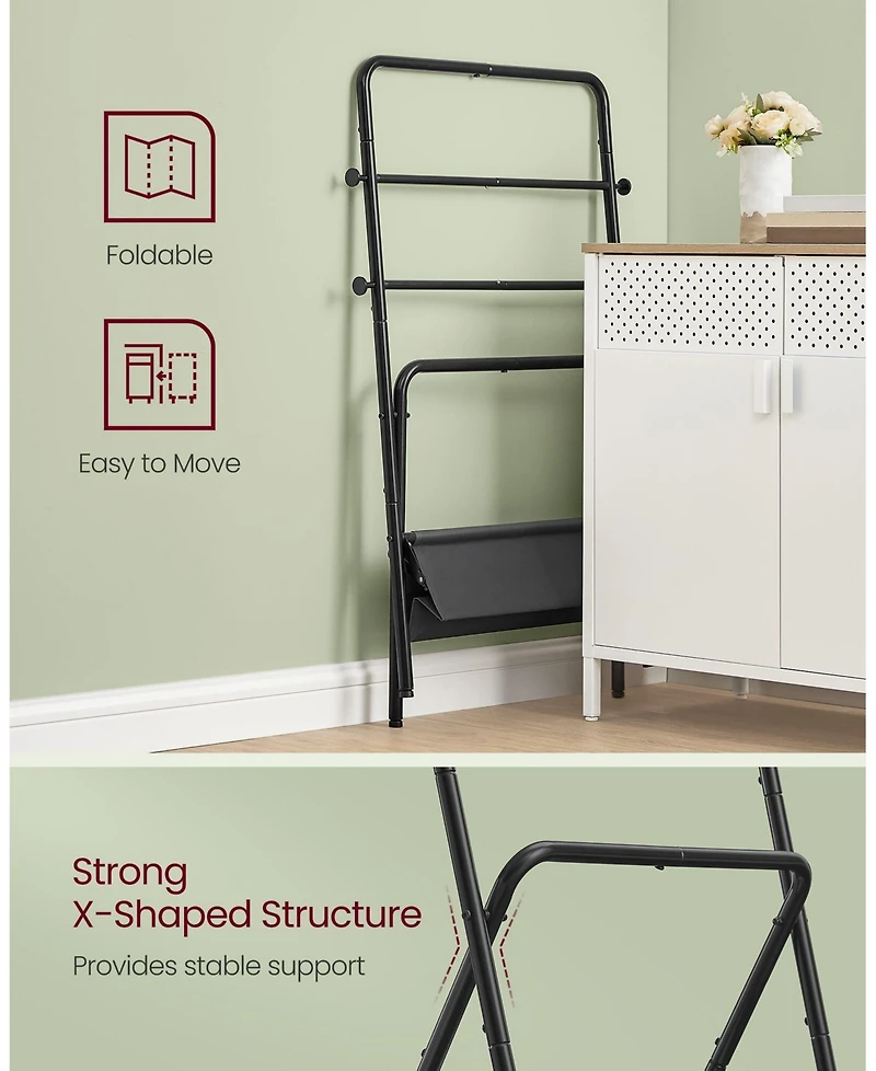 Foldable Towel Rack with 4 Hooks and Blanket Holder for Bathroom or Bedroom Use