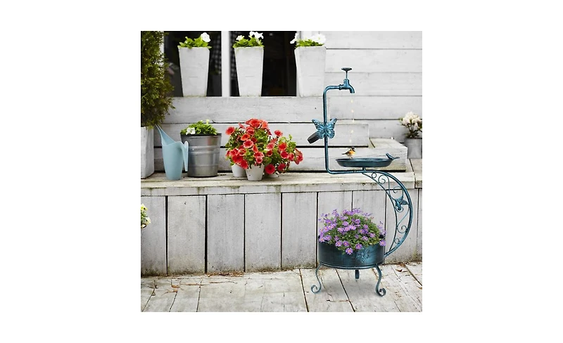 Vintage Metal Garden Bird Bath with Solar Lamp and Flower Planter Pedestal Standing Feeder