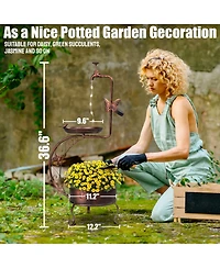 Vintage Metal Garden Bird Bath with Solar Lamp and Flower Planter Pedestal Standing Bird Feeder
