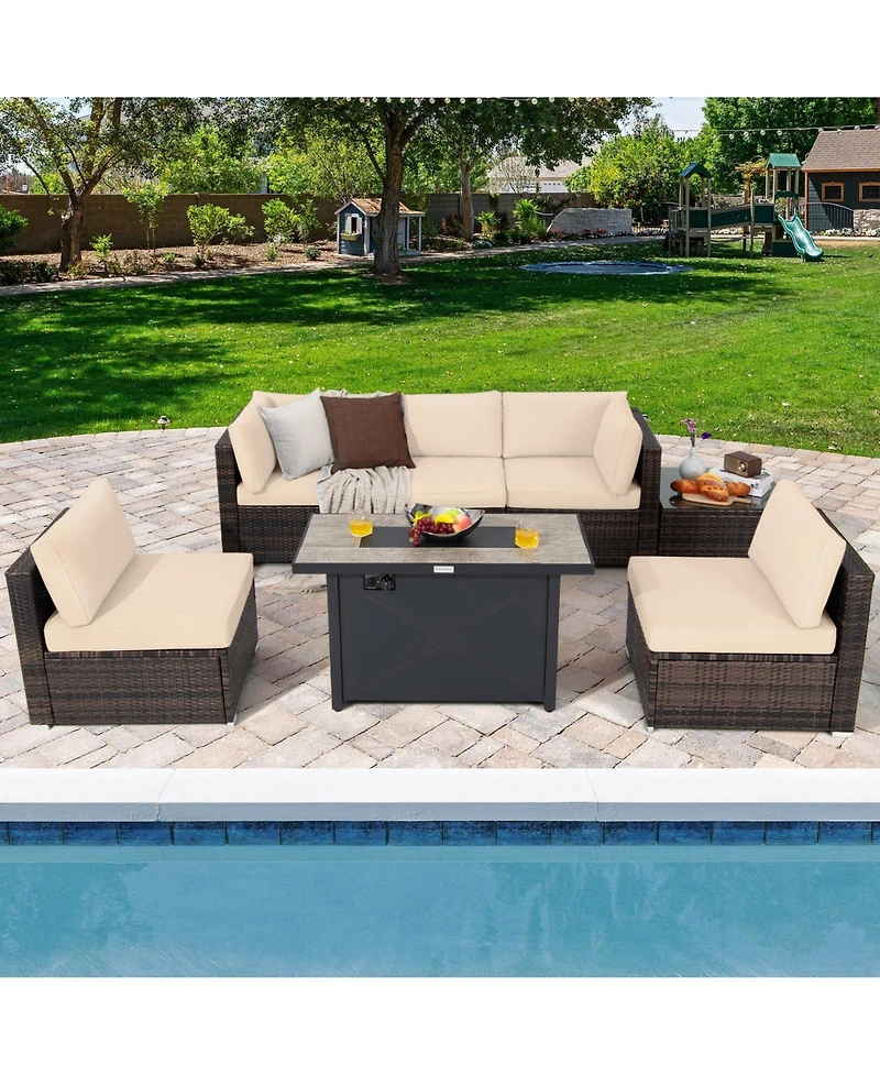 Gymax 7PCS Patio Rattan Furniture Set Fire Pit Table Cover Cushion