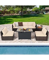 Gymax 7PCS Patio Rattan Furniture Set Fire Pit Table Cover Cushion