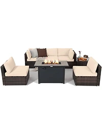 Gymax 7PCS Patio Rattan Furniture Set Fire Pit Table Cover Cushion