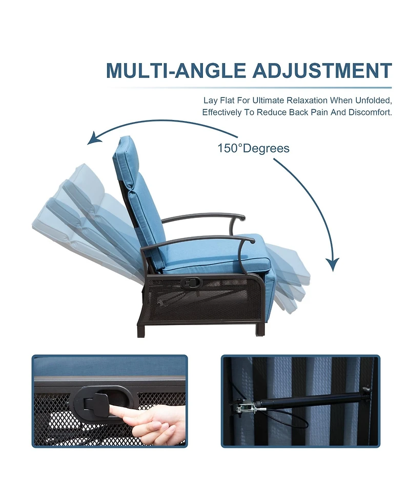 Adjustable Patio Recliner Chair Metal Outdoor Lounge with Flip Table Push Back, Angle, 6.8'' Removable Cushions, Beige