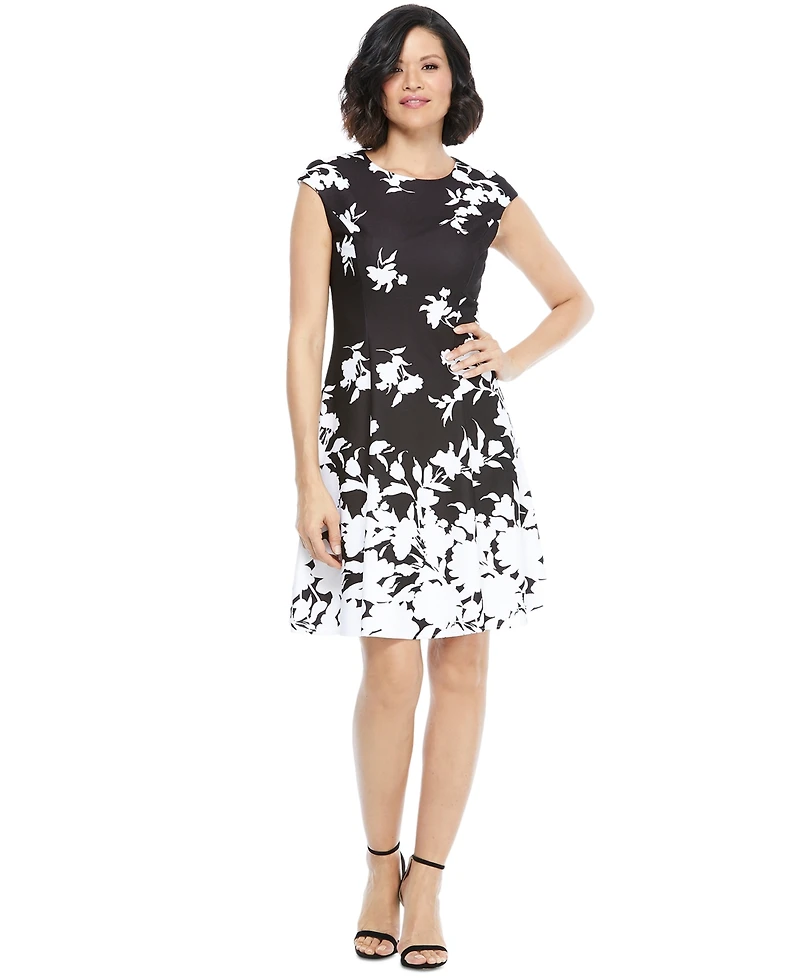 London Times Women's Printed Cap-Sleeve Fit & Flare Dress