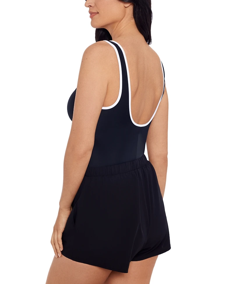 ShapeSolver Sport by Mimi Flamingo Women's Shirred Zipper Jogger One Piece Swimsuit