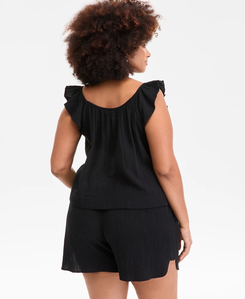 On 34th Plus Cotton Gauze V-Neck Flutter-Sleeve Top, Exclusively at Macy's