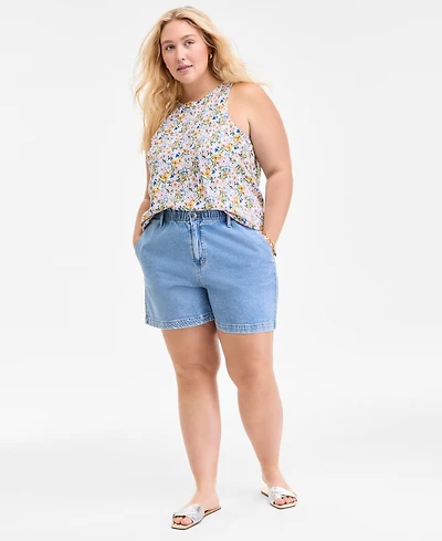 On 34th Trendy Plus Paper-Bag Elastic Waist Denim Shorts, Exclusively at Macy's