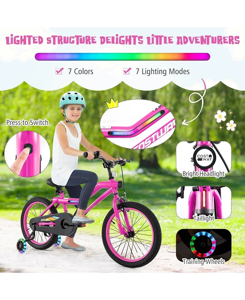 18-Inch Kids Bike with Led Lights, Training Wheels, and Headlight, Adjustable Seat for Ages 4-8