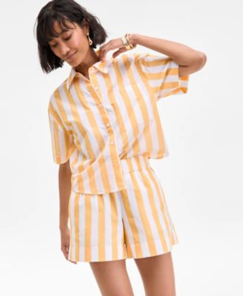 On 34th Womens Cotton Striped Short Sleeve Shirt Pull On Shorts Exclusively At Macys