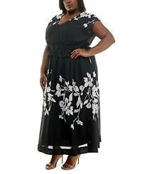 Taylor Plus Size Printed V-Neck Smocked-Waist Maxi Dress