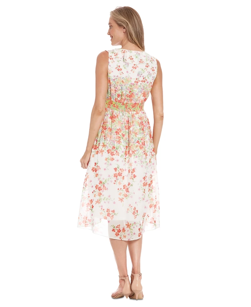 London Times Women's V-Neck Sleeveless Smocked-Waist Dress
