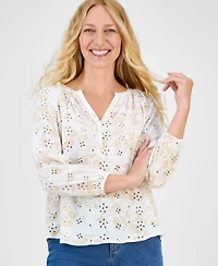 Style & Co Women's Printed 3/4 Sleeve Eyelet Top, Exclusively at Macy's