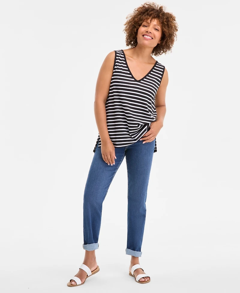Style & Co Women's Striped Linen Blend V-Neck Tank Top, Exclusively at Macy's