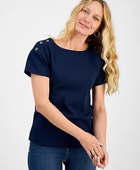 Style & Co Petite Cotton Button-Shoulder Tee, Exclusively at Macy's