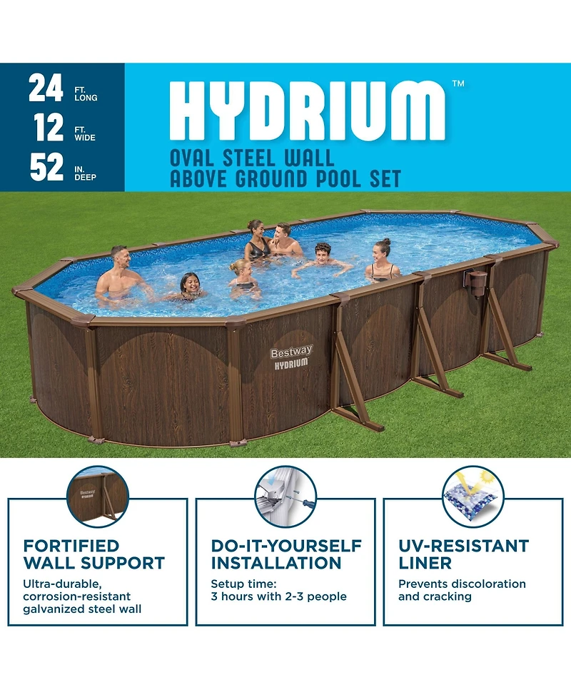 Bestway Hydrium 24'x12'x52" Oval Above Ground Swimming Pool Set, Brown Woodgrain