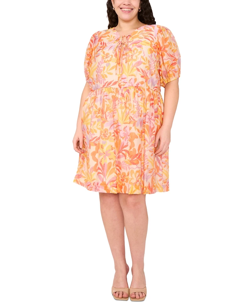 Msk Plus Printed Tie-Neck Short-Sleeve Dress