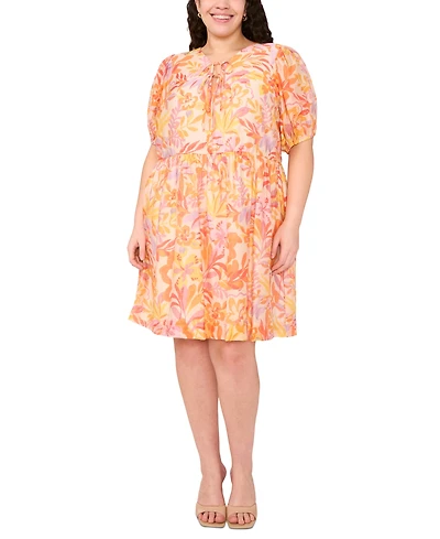 Msk Plus Printed Tie-Neck Short-Sleeve Dress
