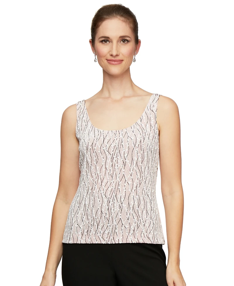 Alex Evenings Printed Piped 3/4-Sleeve Two-Piece Glitter Top & Jacket